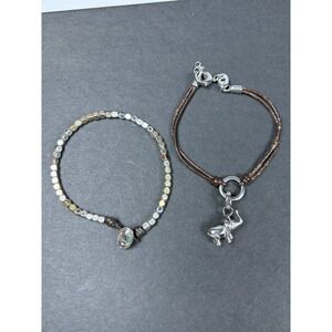 Fossil Bracelet Set Elephant Charm Beaded Mixed Metal Leather Brown Silver Tone